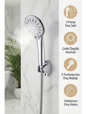 Plodna House Tazyikli Yüksek Basınçlı Duş Başlığı 150CM Çelik Örgülü Hortumlu Mafsallı Duş Seti
