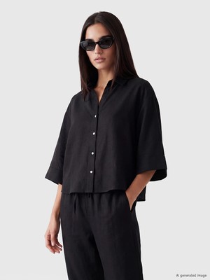 LC Waikiki Siyah Keten Karışımlı Oversize Kadın Gömlek