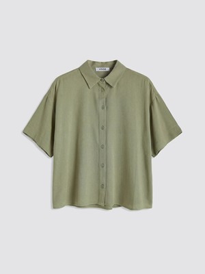 LC Waikiki Haki Oversize Keten Karışımlı Kadın Gömlek