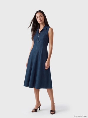 LC Waikiki Indigo Gömlek Yaka Jean Elbise