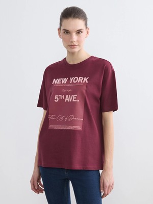 LC Waikiki Bordo New York Baskılı Oversize Kadın Tişört