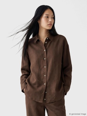 LC Waikiki Kahverengi Oversize Kadın Keten Gömlek