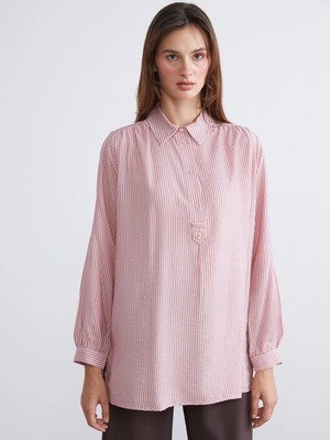 LC Waikiki Pembe Gömlek Yaka Çizgili Oversize Kadın Tunik