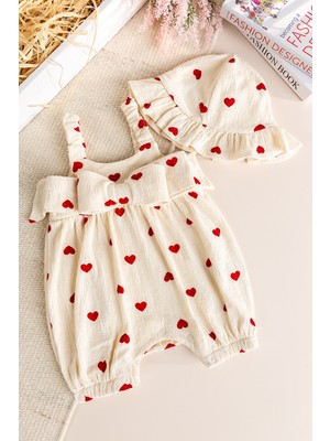 Babymod Şapkalı Kalp Desenli %100 Pamuk Yazlık Kız Bebek Tulum Set Takım
