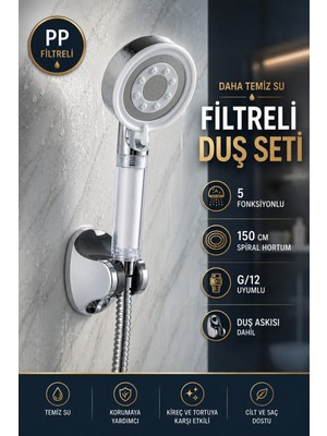 Plodna House Filtreli Beyaz Çelik 5 Fonksiyonlu Duş Başlığı Seti – 150 cm Çelik Örgülü Hortum + Mafsal