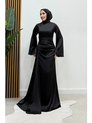 Arabella Pelerinli Saten Kumaş Balık Model Tesettür Abiye- Siyah