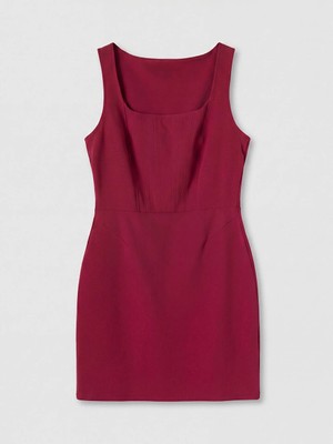 LC Waikiki Bordo Kare Yaka Belden Oturtmalı Mini Elbise