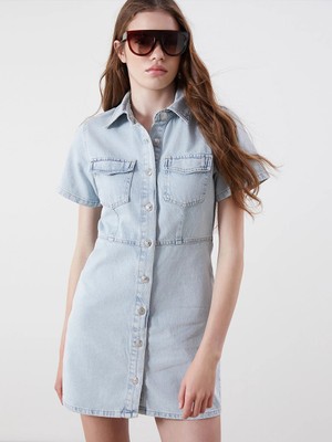 LC Waikiki Mavi Gömlek Yaka Mini Jean Elbise