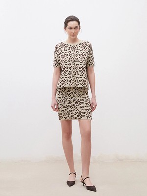 LC Waikiki Kahverengi Dar Fit Leopar Desenli Triko Mini Etek