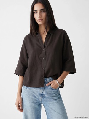 LC Waikiki Kahverengi Oversize Kadın Keten Gömlek
