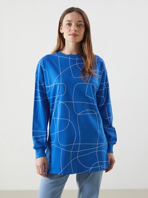 LC Waikiki Mavi Bisiklet Yaka Desenli Oversize Kadın Sweatshirt Tunik