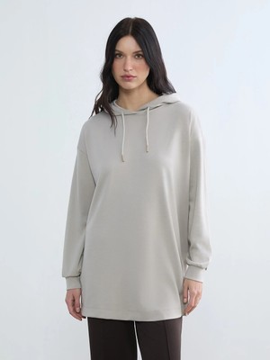 LC Waikiki Gri Kapüşonlu Oversize Kadın Sweatshirt Tunik