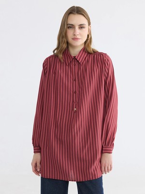 LC Waikiki Bordo Gömlek Yaka Çizgili Oversize Kadın Tunik
