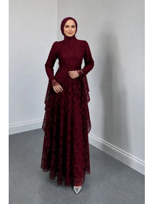 Zelal Kuşaklı Dantel Kumaş Astarlı Tesettür Abiye- Bordo