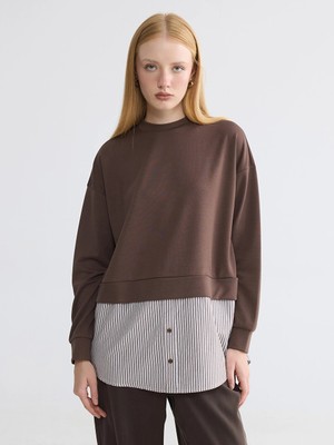 LC Waikiki Kahverengi Gömlek Detaylı Kadın Sweatshirt Tunik