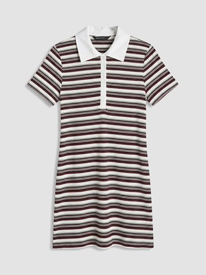LC Waikiki Siyah Polo Yaka Çizgili Elbise