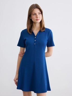 LC Waikiki Lacivert Polo Yaka Fitilli Peplum Mini Elbise