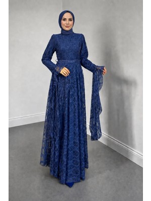 Zelal Kuşaklı Dantel Kumaş Astarlı Tesettür Abiye- Indigo