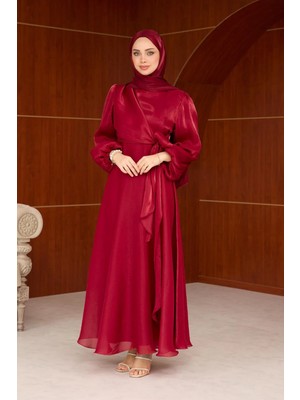 Yandan Bağlamalı Janjan Tesettür Abiye- Bordo