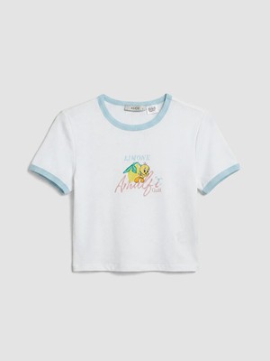 LC Waikiki Beyaz Bisiklet Yaka Tweety Baskılı Kadın Crop