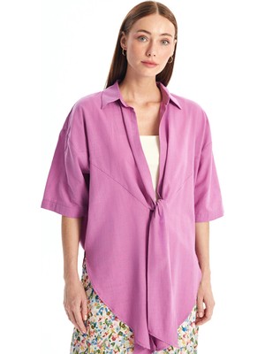 LC Waikiki Mor Şal Yaka Düz Oversize Keten Görünümlü Kadın Kimono