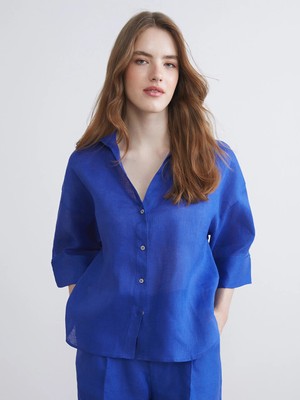 LC Waikiki Mavi Oversize Keten Kadın Gömlek