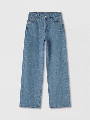 LC Waikiki Indigo Taşlı Wideleg Kadın Jean Pantolon
