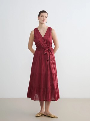 LC Waikiki Bordo Kruvaze Yaka Kuşaklı Katkat Poplin Elbise