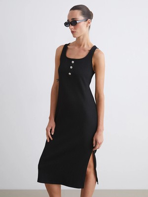 LC Waikiki Siyah U Yaka Fitilli Bodycon Elbise