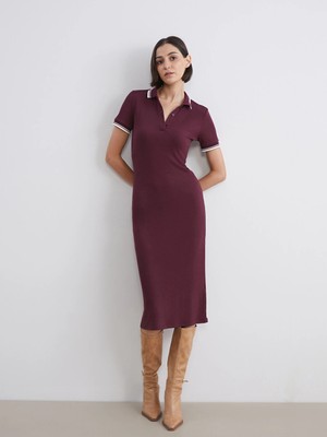 LC Waikiki Bordo Polo Yaka Midi Elbise
