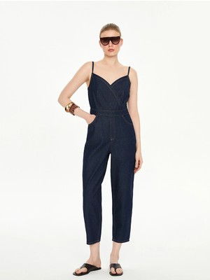 LC Waikiki Indigo Kruvaze Yaka Askılı Kadın Jean Tulum