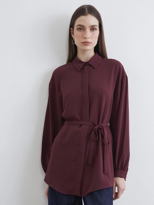 LC Waikiki Bordo Beli Kuşaklı Oversize Kadın Gömlek Tunik