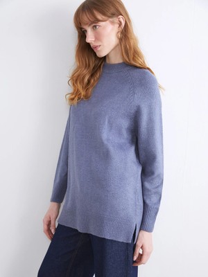 LC Waikiki Mavi Dik Yaka Oversize Kadın Triko Tunik