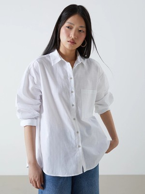 LC Waikiki Beyaz Oversize Keten Karışımlı Kadın Gömlek