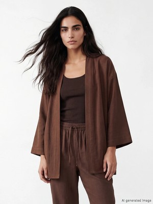 LC Waikiki Kahverengi Şal Yaka Oversize Kadın Kimono