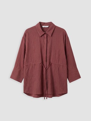 LC Waikiki Bordo Çizgili Oversize Armürlü Kadın Gömlek