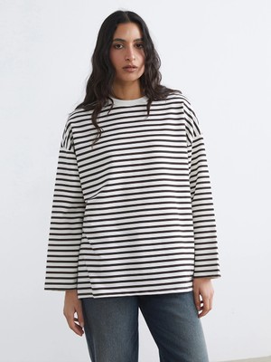 LC Waikiki Kahverengi Çizgili Oversize Kadın Sweatshirt Tunik