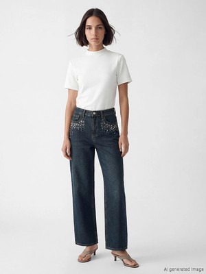 LC Waikiki Indigo Taşlı Wideleg Kadın Jean Pantolon