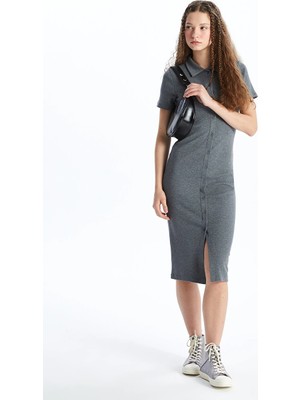 LC Waikiki Gri Polo Yaka Düz Kısa Kollu Kadın Bodycon Elbise
