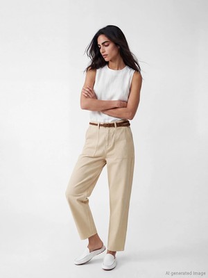 LC Waikiki Bej Beli Kemerli Carrot Fit Kadın Jean Pantolon