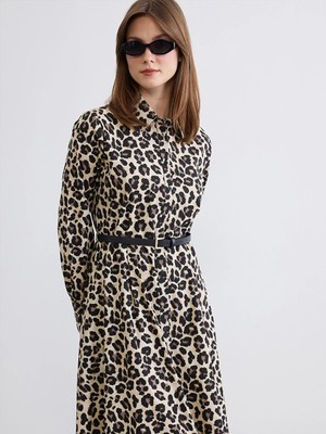 LC Waikiki Kahverengi Leopar Desenli Kemerli Poplin Gömlek Elbise
