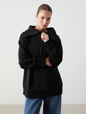 LC Waikiki Siyah Dik Yaka Oversize Kadın Sweatshirt Tunik