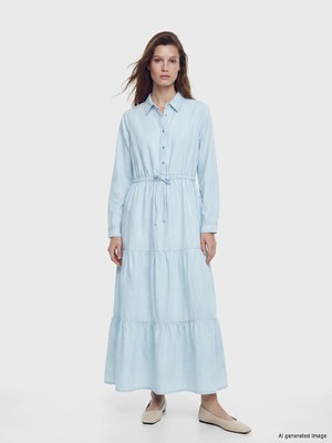 LC Waikiki Indigo Gömlek Yaka Katkat Jean Elbise