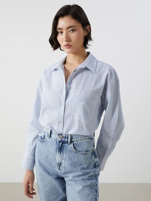 LC Waikiki Mavi Çizgili Keten Karışımlı Oversize Kadın Gömlek