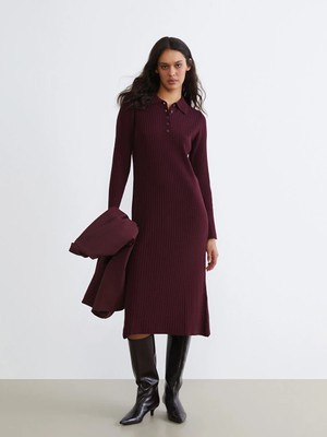 LC Waikiki Bordo Polo Yaka Fitilli Triko Elbise