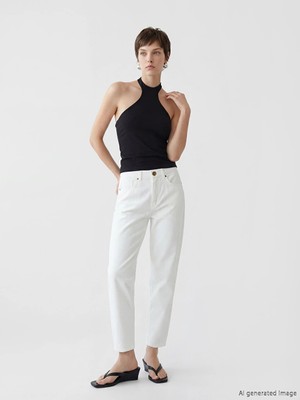 LC Waikiki Beyaz Yüksek Bel Mom Fit Kadın Jean Pantolon