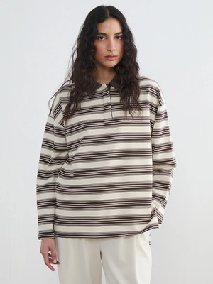 LC Waikiki Ekru Polo Yaka Çizgili Kadın Sweatshirt Tunik