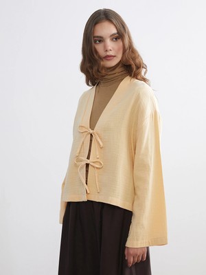 LC Waikiki Sarı V Yaka Oversize Müslin Kadın Kimono