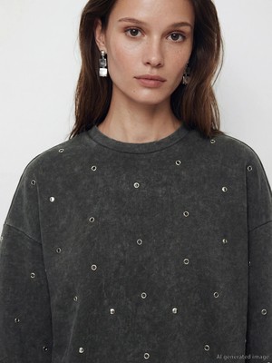 LC Waikiki Antrasit Taşlı Oversize Kadın Kalın Sweatshirt Tunik
