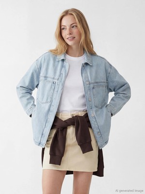 LC Waikiki Mavi Regular Fit Kadın Jean Gömlek
